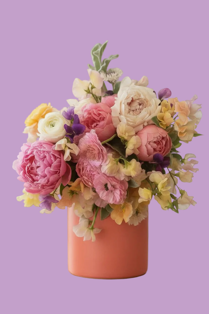 My little sweet-pea and peony flower arrangement