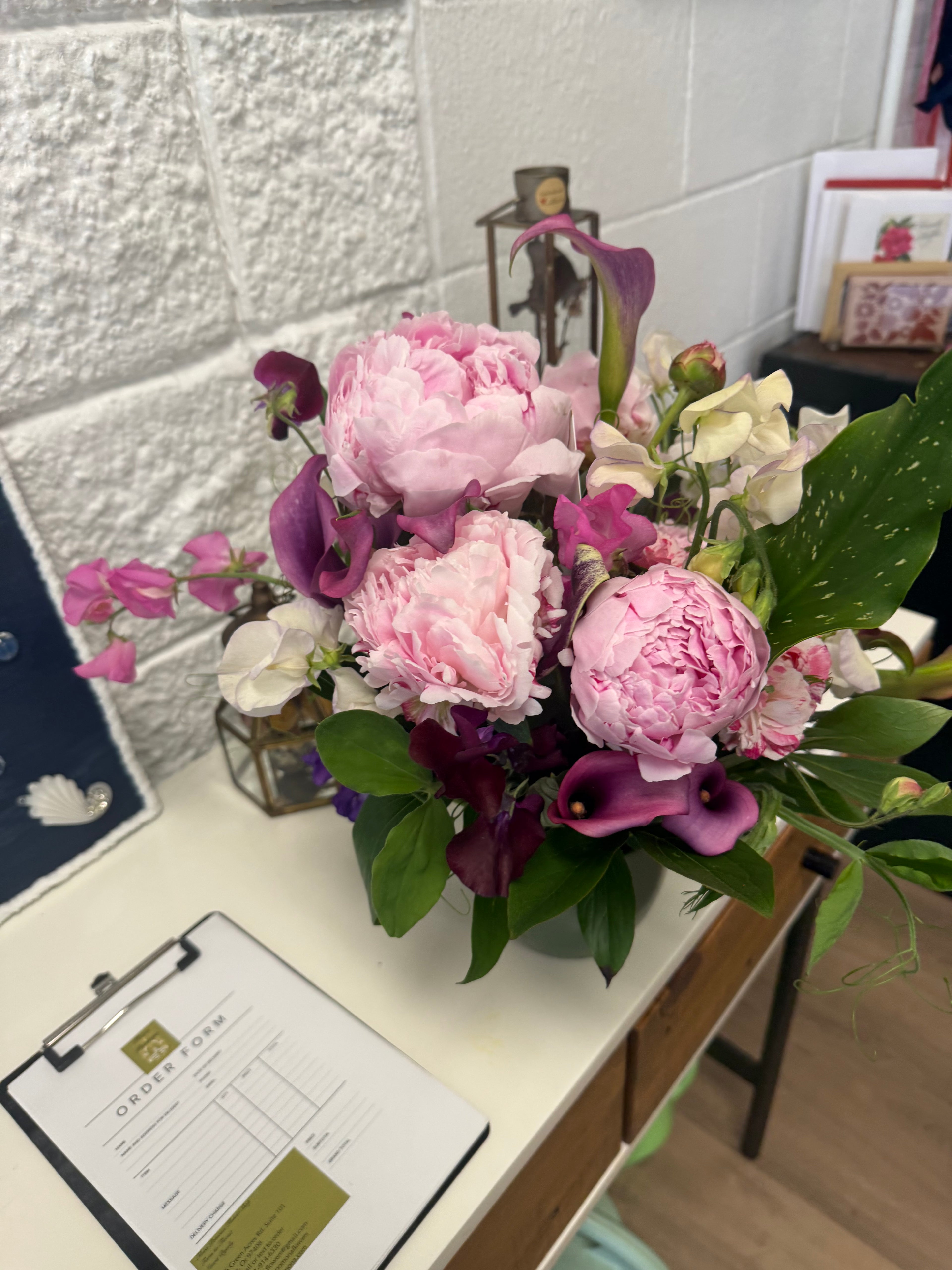My sweet-pea and peony flower arrangement