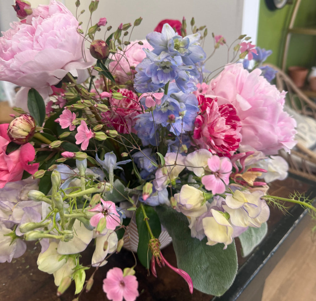 My sweet-pea and peony flower arrangement
